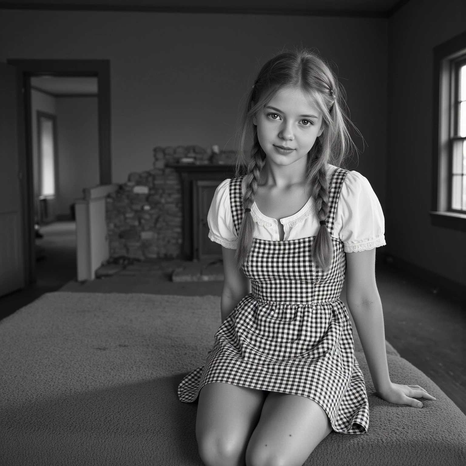(woman in her 12s) ((1940s clothes)) (slender body) (thin body), (Shaggy Cut black hair) (hair bangs) (blue eyes) (white skin) happy expression. full body, western face, ((Location: backyard)) long hair Shaggy cut, child, big eyes. ((1940)) (smiling face) standing, day. (old house, country town)(old backyard)((country clothes, children's dress from the forties, black shoes, high socks))((standing))(front view) (looking at the viewer) playing