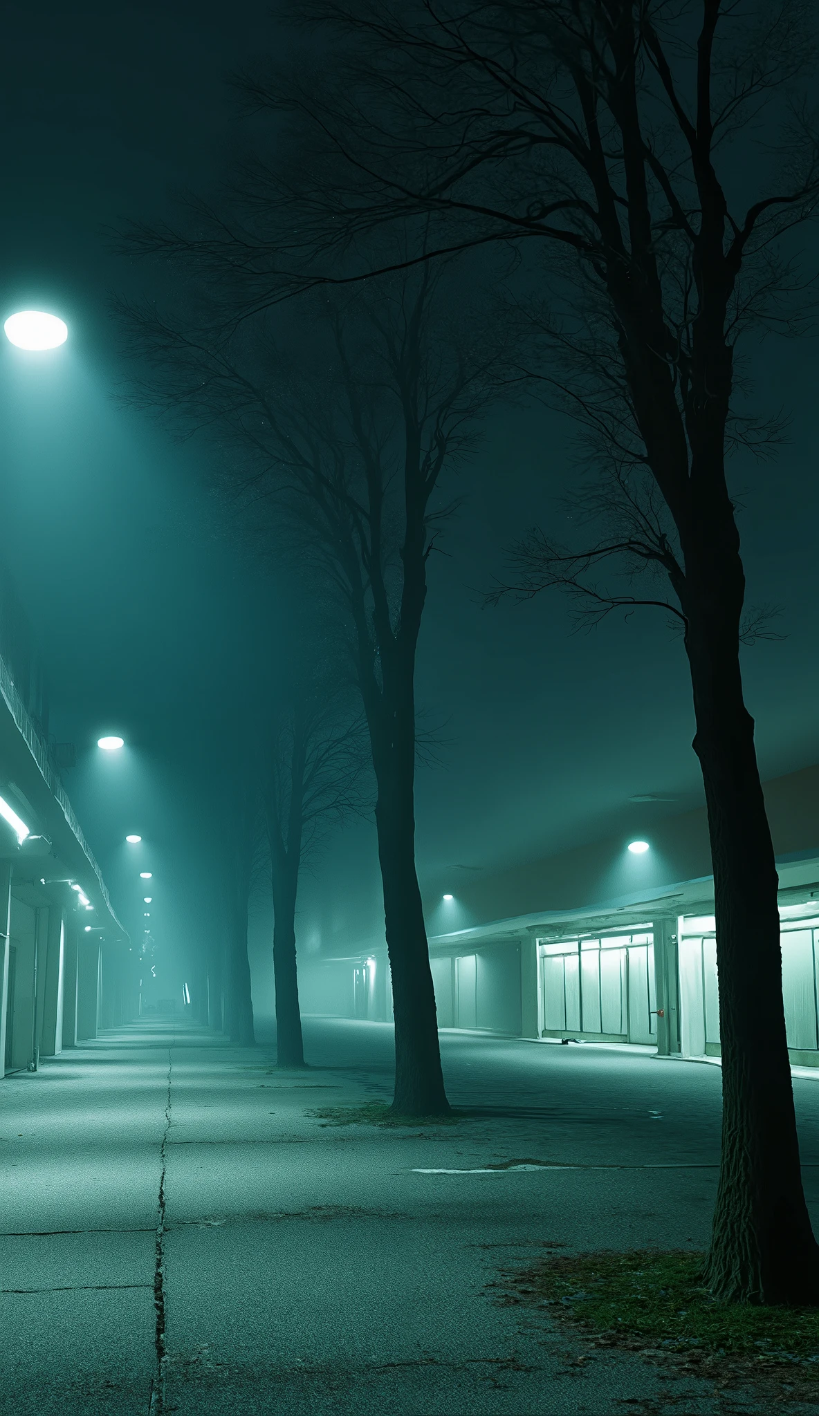 A dark empty Shopping Mall parking lot, trees, surreal lighting, liminal, wind, dark Hospital background, hyper realistic, high detail, masterpiece.