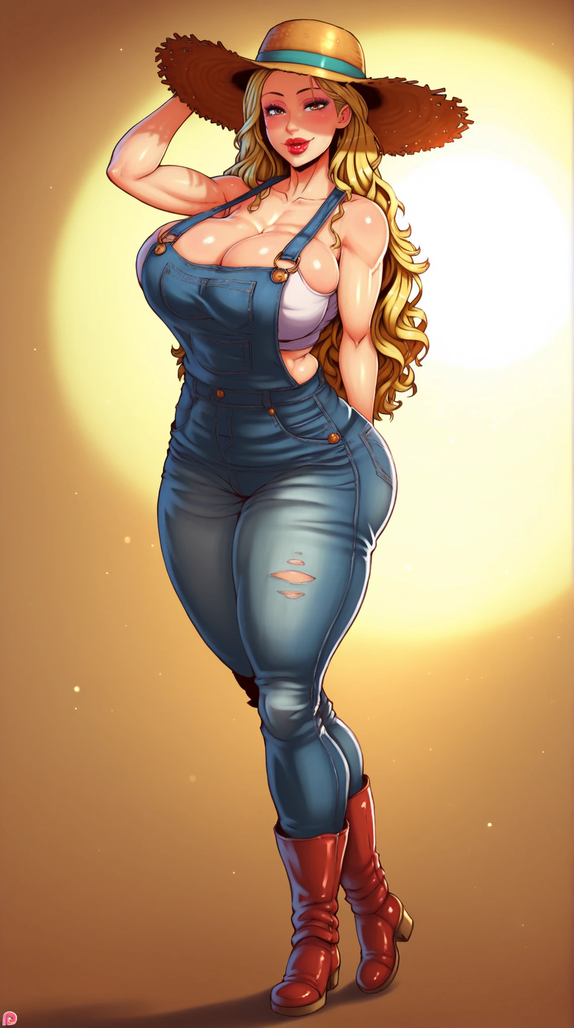 High resolution illustrations, unrivaled masterpiece, ultra-realistic 8k CG, perfect artwork, (fidelity: 1.5), farm, ranch, ((night)), cloudy, ((mature woman)), (((solo))), wet hair, blond hair, curly hair, single ponytail, blue eyes, huge tits, big ass, natural makeup, ((Casual wear, jeans)), character in the middle, standing, RED hair, vibrant, multicolour