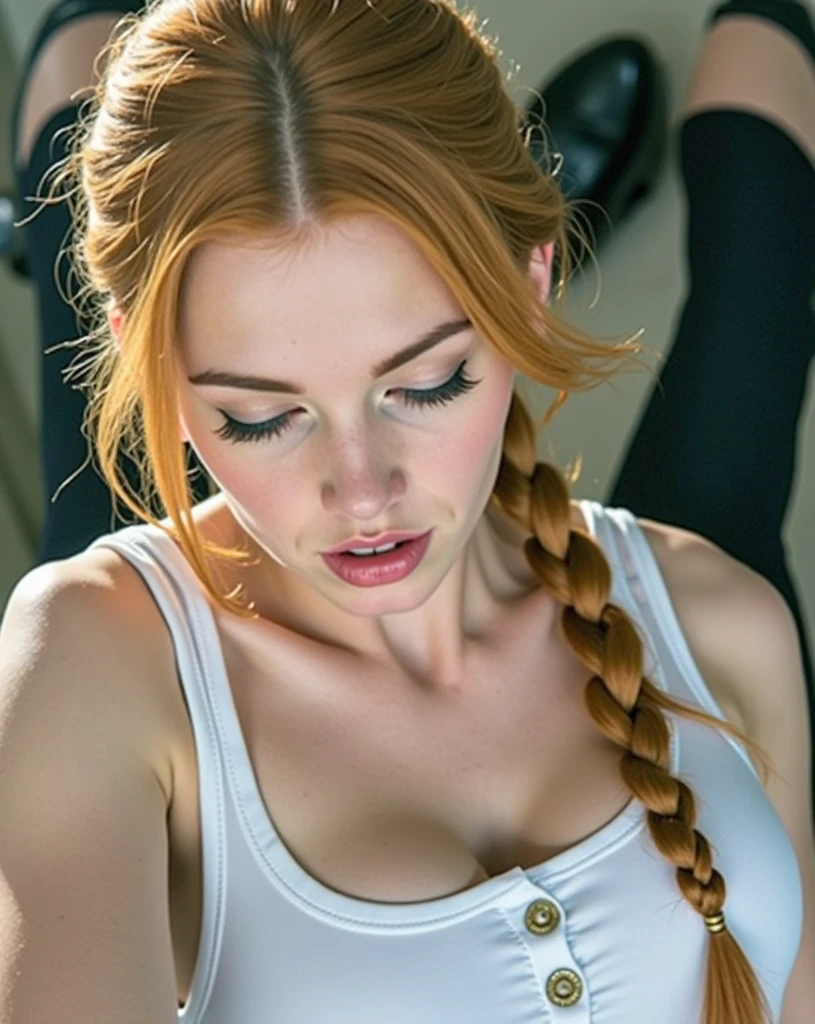 Penny pax redhead long hair braids ponytail glasses blushing dark eyes mascara eyeshadow collar jewellery chains earrings yoga pants kneeling bent over