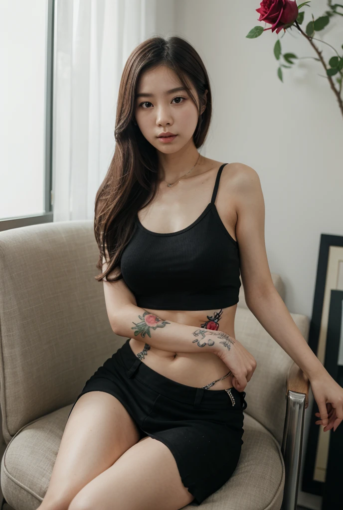 a tall muscular woman, full of tattoos, wearing a small bra and black sweatpants 