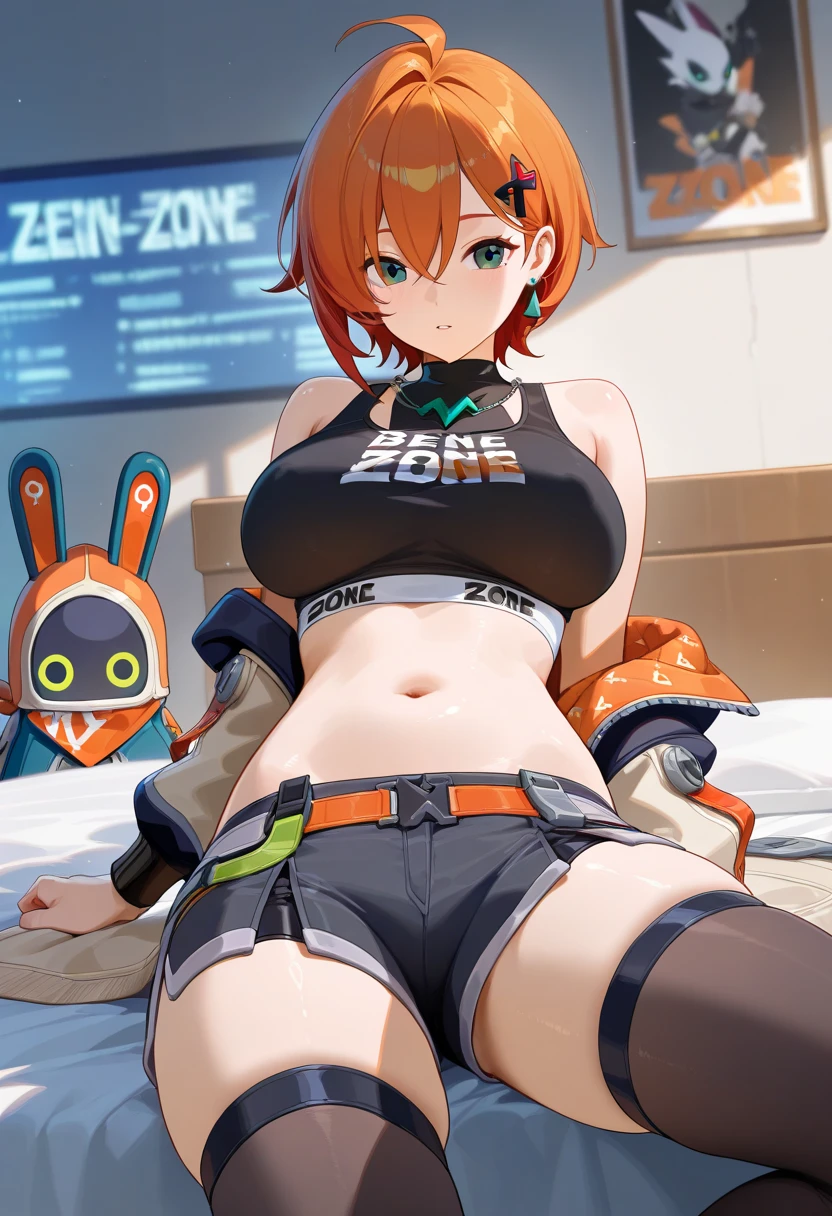 Screenshot Boku no hero academia, beautiful teenage girl, white skin, short messy orange hair and orange locks, elf ears, closed eyes, In underwear thiccwithaq (ai style) sexy Short hair