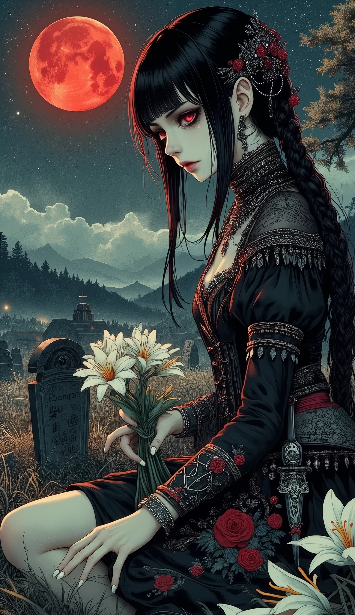 (A fusion of Ukiyo-e and dark fantasy. Aesthetic and gothic digital art. Illustrations are drawn from a bird's eye view from above.) BREAK (Jet black hair. Blunt bangs. Black eyebrows. Long black eyelashes. Almond-shaped eyes. Glowing red eyes. Dark, thick eyeliner. Smoky makeup. Small pink lips. Round, small ears. Pale, translucent skin. Thin arms and legs. Thin fingers. White fingernails. One thumb and four fingers accurately drawn.) BREAK (A horror-style world of vampire legends set in medieval Romania. A blood-red moon shines in the dark sky, the stars twinkle in the sky. A Dhampir woman, born of a vampire and a human, kneels on one knee in a graveyard by a church in an abandoned village in the steep mountains and gently places a bouquet of white lilies in front of a grave marker. She gazes at the gravestone with a sad expression and tears in her eyes. The woman wears a jet-black church-style lace-up dress with red beads, dark blue and dark green jeweled choker, crimson rose embroidery, and a thin, sheer sash of Indonesian-style silk elegantly wrapped around her waist. She wears an Arabian-style curved dagger at her waist, braided sandals, and silver-embellished bracelets and anklets on her wrists and ankles. Beautifully colored false hair is braided into her hair. A thick fog covers the area.)