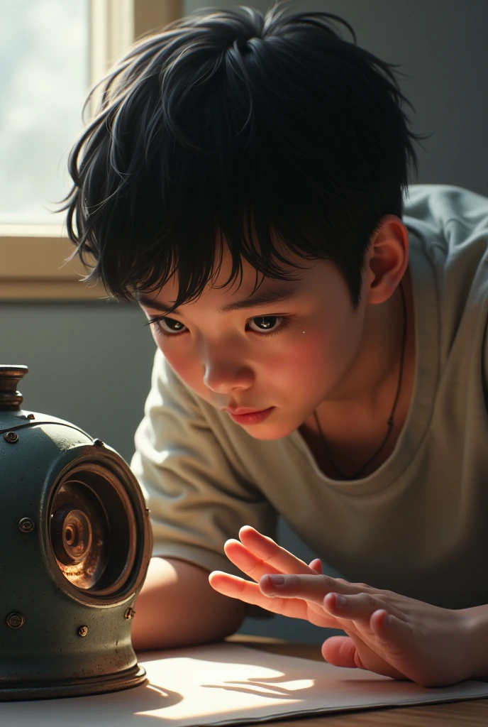 The boy in a crowded office with stacks of paperwork, and the girl in a stylish but somber apartment, staring out of the window with a pensive expression.