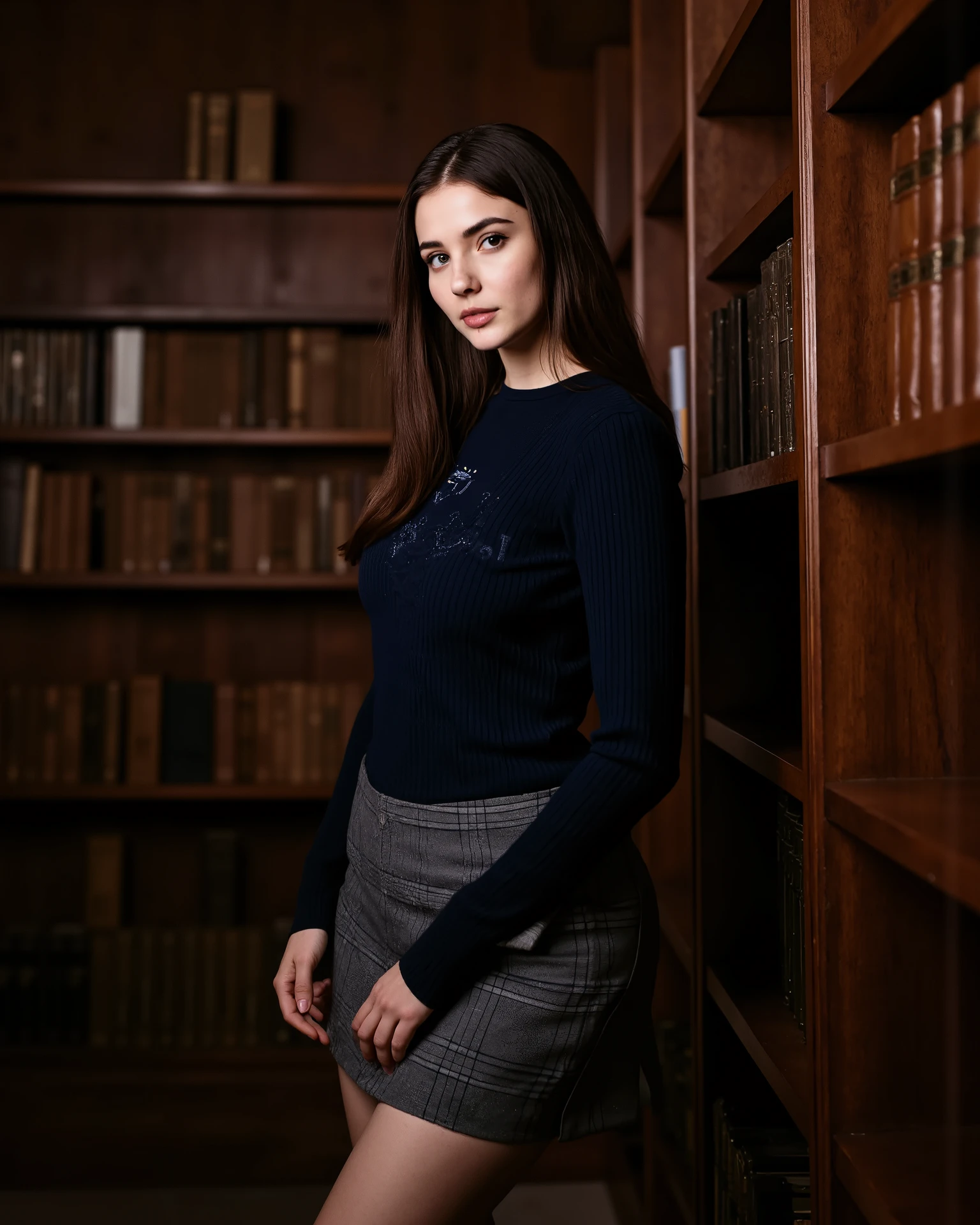 A captivating young woman with long, straight brown hair and expressive light eyes poses sensually in a high-fashion editorial photo shoot set inside a vintage academic library. She wears a navy blue knit sweater with an embroidered crest on the chest, unbuttoned to reveal a crisp, fitted white feminine blouse underneath. Her look is completed with a gray plaid pleated mini skirt featuring subtle tartan patterns in cool tones. Her makeup is bold and polished, with smoky eye shadow, winged eyeliner, and soft nude lips. She stands confidently between towering wooden bookshelves filled with leather-bound volumes, bathed in warm ambient light. One hand holds antique hardcover books; the other flirts with the hem of her skirt in a poised, editorial manner. The scene is lit with cinematic rim light, creating a luminous edge around her silhouette and hair, giving depth and elegance. Captured with DSLR-quality depth of field and a subtle 35mm film grain overlay, the image has ultra-realistic detail, fashion-magazine refinement, and a sensual yet elevated atmosphere.