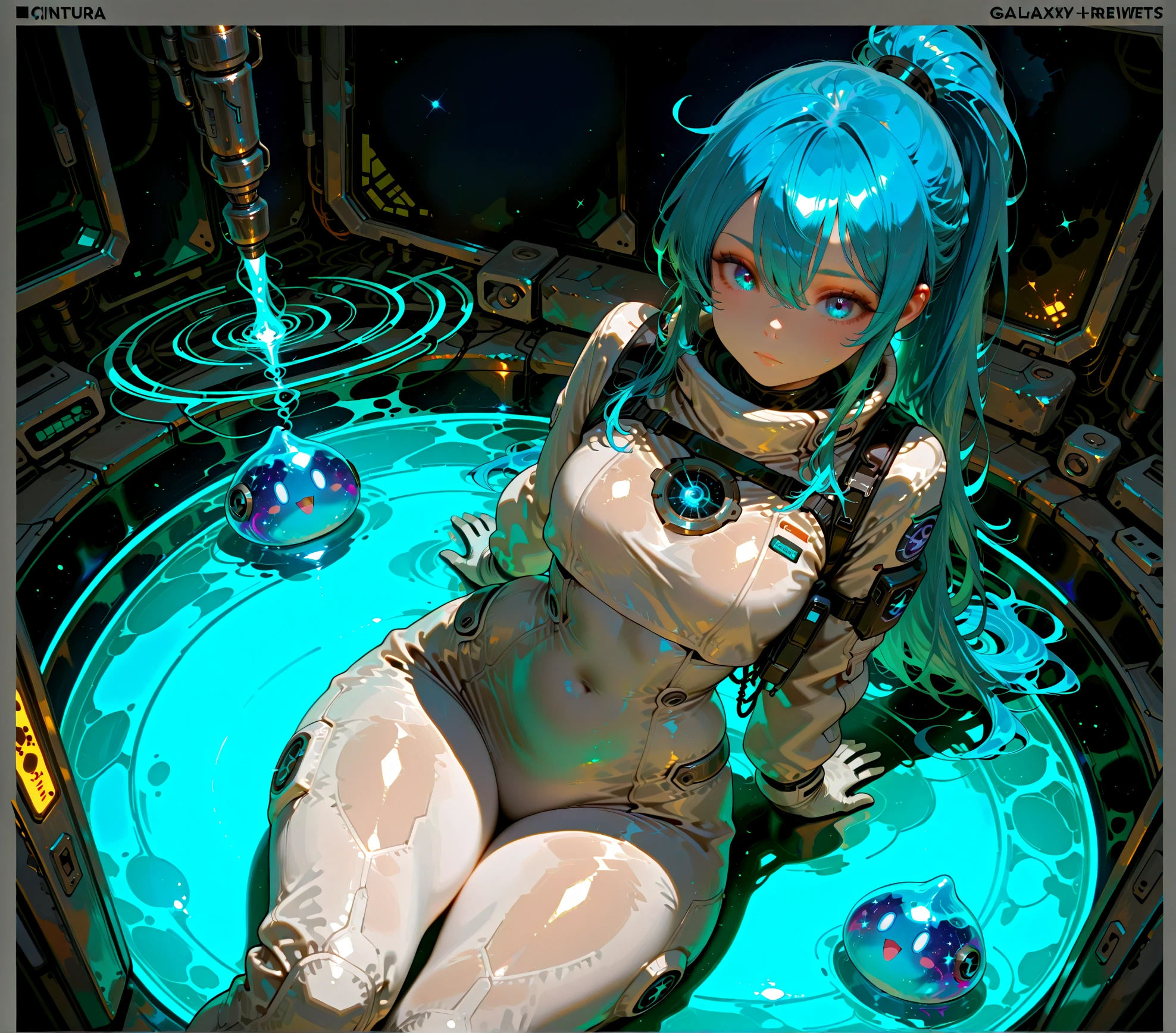 teens girl、light blue long-haired、sitting with knees arised、Hollow eyes、3 golden hair ornaments、Thigh exposure、bare-legged、One leg is a machine、Sitting inside a rusty mechanical ball floating in water、Shining light blue、Blue school swimsuit、crouch down and sleep、sleepy