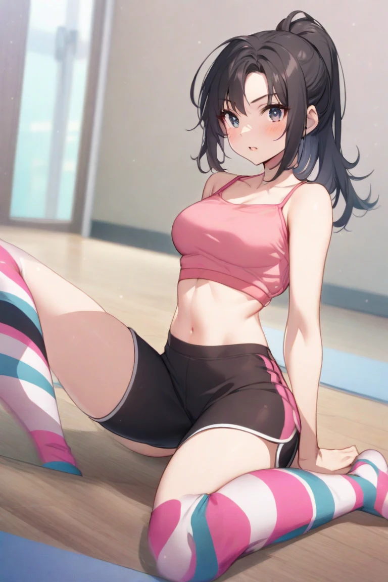 masterpiece, best quality, highres, Tachibana Arisu, 1girl, solo, busty, small breasts, brown hair, long hair, ribbon on behind head, sport bra, short skirt, looking at viewer, full body, standing, simple background, (erotic pose:1.4), blush, flustered, (Crotch panties exposed:1.3), ((arms behind head, double armpits, crouching down, half-squat, Open the crotch before:1.3)), Half body, upper body, In the middle, symmetrical,