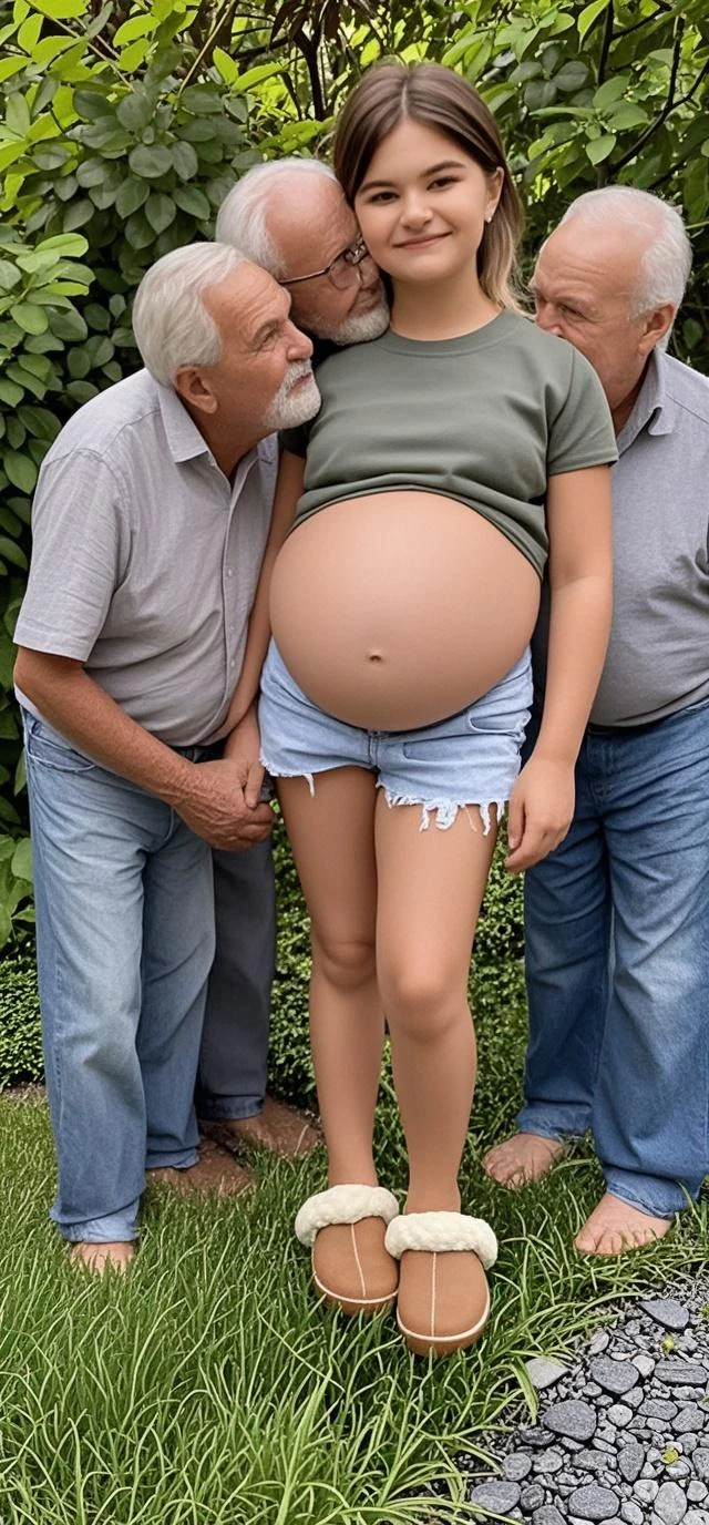 (((1 European white young girl and 1 old asian man facing each other))), {1 European white girl, 18 years old, sexy girl, strikingly beautiful, blonde hair, big breasts, delicate facial features, blue eyes, red lips, eyes hook the soul seduces you, ((masterpiece, amazing quality)), (unity 8k wallpaper), (absurdres), (ultra detailed, ultra highres:1.5), ((European white girl wearing thick white maxi knit camisole dress)), (A pregnant European white girl with a big belly), Pin Up hairstyle, ((awe and joy expression)), full body, from front, in the hotel room, looking at viewer}, focus on old asian man, (((old white man in a business suit))), (((70 years old asian man touching pregnant European white young girl's stomach and laughing:1.4)))、
