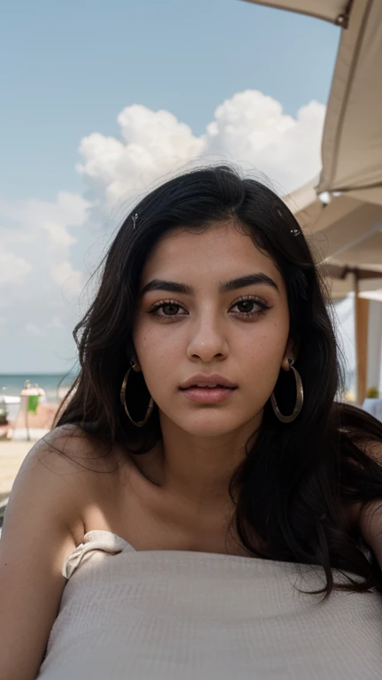 (Best quality, Ultra-detailed, Masterpiece:1.5), Photorealistic photograph of a beautiful pakistani woman on a beach holiday. The woman should have a flawless, highly detailed face (Highly Detailed Skin) with soft, luminous skin. Her long hair should be naturally brown and stylishly arranged. (Perfect Eyes:1.2). The background should be the focus of the image. The photography should feature high-quality film grain (ISO 400, 30mm lens RAW f1.8 aperture, highly detailed) to create the impression of analog photography (Analog Photography:1) with HDR colors. She is wearing stylish clothing. Her expression is pouting