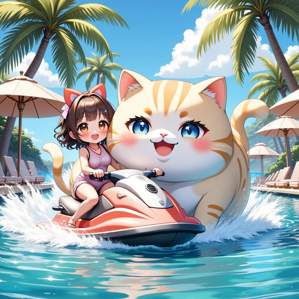 (Xiaorou SeeU, age 20, is an adorable sexy cat woman, big eyes, cute swimsuit, fluffy tail), she is surfing on small waves, super cute, so excited, show her from head to toe, hawaii