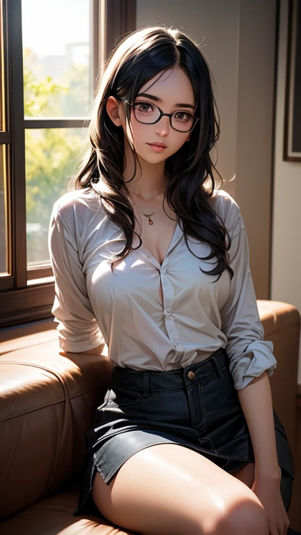 Nikon RAW photo,8 k,Fujifilm XT3,masterpiece, best quality, realistic, photorealistic,ultra detailed,1girl,solo, close up portrait, diamond stud earrings, ponytail black hair, hazel eyes, serious expression, black blazer ,white shirt, white blouse, standing in bedroom, saika1, medium breast, white bra, breast cleavage, sexy, mature female, with glasses,