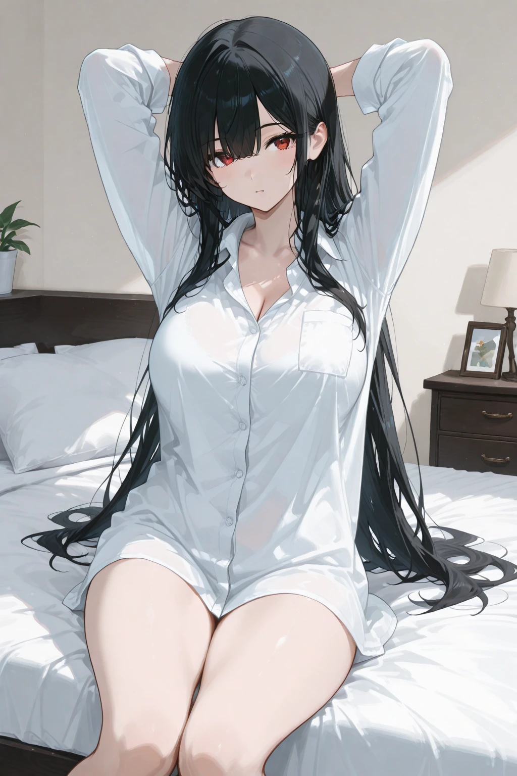 Misako amamiya,perfect ,realistic skin,black hair, long hair, (hair over one eye:1.4), messy hair, hair between eyes, hairclip,plump, chubby,fat, saggy breast,cute motif pajama, cute shy blush on