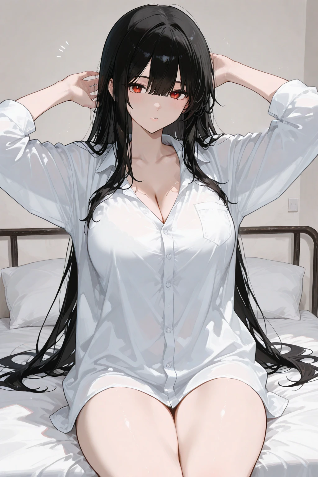1girl, mature women,perfect ,black hair, long hair, (hair over one eye:1.4), messy hair, hair between eyes,plump, saggy breast, pajama, cute shy blush on , bedroom