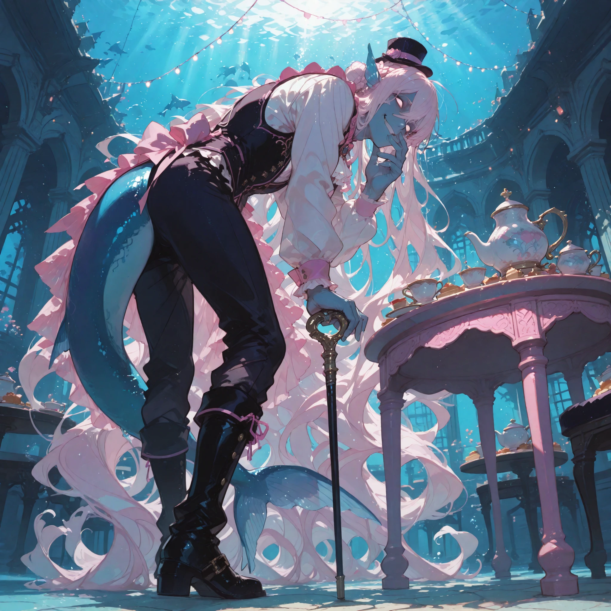 face, ((closeup)), isometric perspective, from below, foreshortening, leaning forward, laughing, standing, cruel smirk, hand on own mouth, closed off posture, looking at viewer, from side, 1 ((man)), naiad, (((no pupils,))) (absurdly long wavy white hair), fanged bangs, crown braid, braided bun, (mini top hat,) blue skin, even skintone, ((merman ears)), pink ((gothic)) regency fashion, long eyelashes, black regency boots, waistcoat, (((long))) skirt, ((legs)), pants, cane, (((handsome))), (((masculine))), (((manly,))) sharp lines, rounded shapes, ultra quality, HDR, 8k, kawaii, cel shading, amazing composition, aquatic, underwater, seahorses, seashells, aquatic motifs, royal court, blue ornate architecture, fancy tables, fancy chairs, (((pink string lights))), tea, pastries, tea pot, sunlight