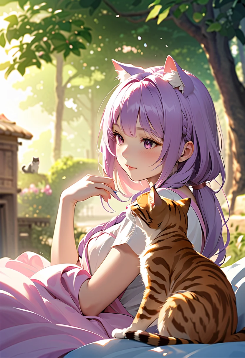 top quality、high definition、(High Definition:1.4)、masterpiece、Detailed Background、highly detailed face、Detailed Eyes、 teenage woman 、anatomically correct、Light-colored hair、braided bob cut、ponytail、cute仕草、優しい視線のCat earsの少女、Cat ears少女、Cat ears、cat、
The brown tiger cat stands in a quiet park I was sleeping peacefully in front.、the girl stares at the cat with a gentle gaze、slowly approaching, snuggle up、The cat noticed the girl'best crotch、It's enough for him to slowly open her eyes、Looking back.、He slowly opened her eyes'head, and the cat closes her eyes as if feeling relieved.、that'and feel each other'Being in Silence.、The girl saw a cat'gentle expression.、She suddenly smiled.、Little Love for Life、that was a moment when I felt the preciousness of life.、cute