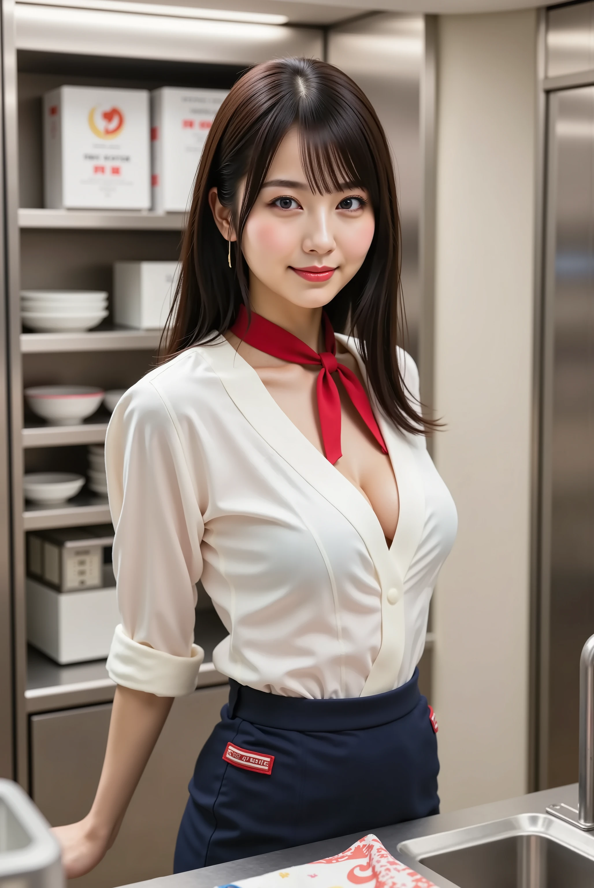 sakura,professional photography, masterpiece, high resolution, an upper body portrait of a 20-year-old charming Japanese woman with a friendly and professional smail, working as a flight attendant in the compact galley of an airplane. She has delicate Japanese facial features, a soft angular jawline, high cheekbones, a small refined nose, and large, warm and inviting eyes. Her skin is porcelain-smooth and perfectly made-up for her profession, showing realistic texture. Her long, black hair is impeccably styled in a classic flight attendant's bun. She wears her official V-neck uniform blouse and a matching tight skirt, with the airline's signature scarf tied neatly but slightly loosened. The uniform's cut accentuates her voluptuous, ample bust with a clear, deep cleavage. She is leaning against a counter, surrounded by meal carts and storage compartments. The composition is a professional portrait, aspect ratio 2:3, capturing a candid moment in a unique environment. Shot on a Canon EOS R5 with an 85mm lens at f/2.8, ISO 800 due to the interior lighting, and 1/125s shutter speed, creating a shallow depth of field that isolates her from the metallic and functional background of the galley. The lighting is the specific, slightly cool lighting of the aircraft's interior, creating soft reflections on the metal surfaces and a clean, even light on her face. The color palette reflects the airline's branding, with neutral tones and specific color accents from her uniform. The level of detail is hyperrealistic, capturing the texture of her uniform fabric, the details on the meal carts, the subtle reflections in the metallic surfaces, and her flawless yet real skin. The mood is calm, professional, and captures an authentic behind-the-scenes moment of air travel.