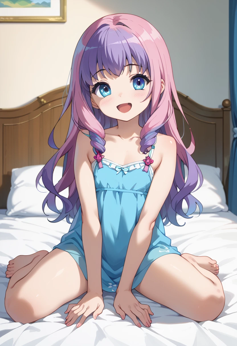 ((masterpiece)), ((best quality)), (ultra-detailed), on the bed, a cute girl, 1girl, solo, smile, underwear00, beautiful pink hair