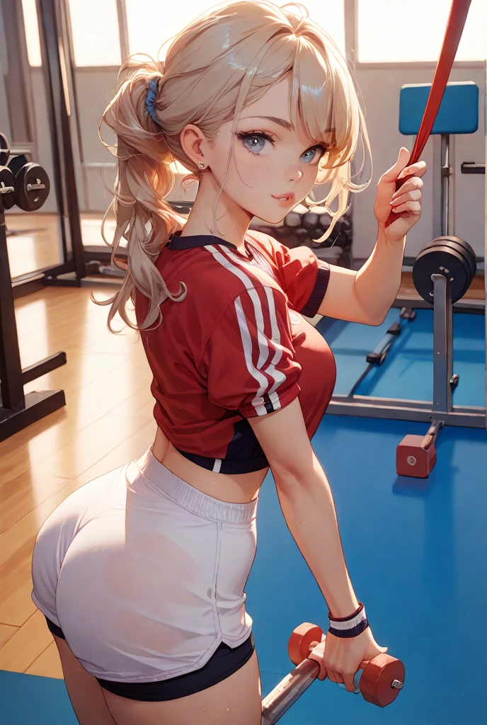 Uma garota sexy com cabelos castanhos, She&#39;s wearing a wine NIKE sweatshirt, and a wine bikini, she is at the gym