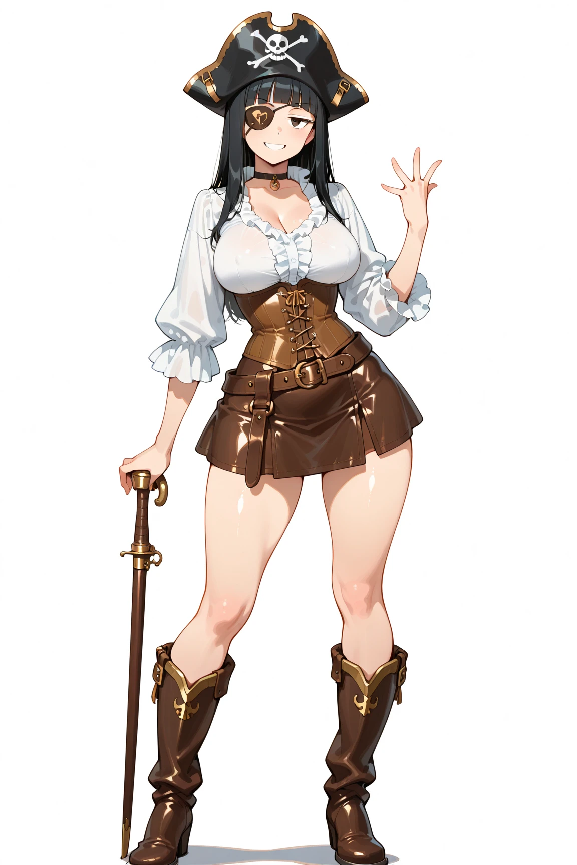 (masterpiece, best quality, high resolution, ((full body, standing,)), ((big breasts)) 1 dwarf woman, (small body), very long messy brown hair, freckles, chubby body,, Full body fantasy innkeeper dress, very long skirt, smile, powerful posture, holding a frying pan in her hands,