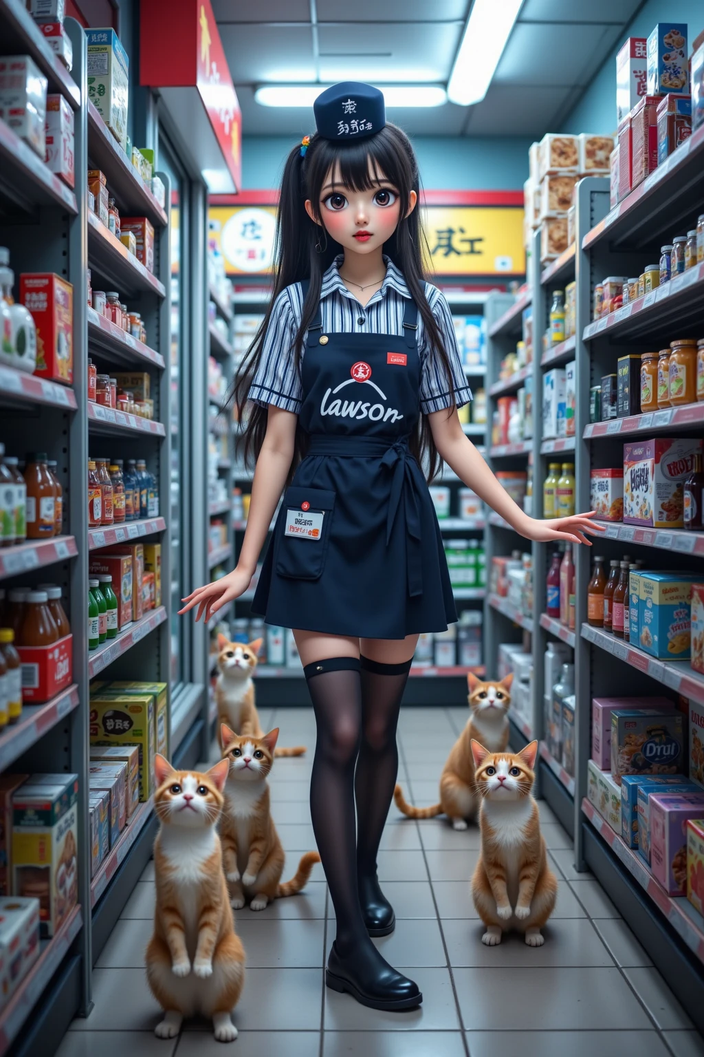 Inside the pet shop、A girl holding a calico kitten、Stand near the cash register