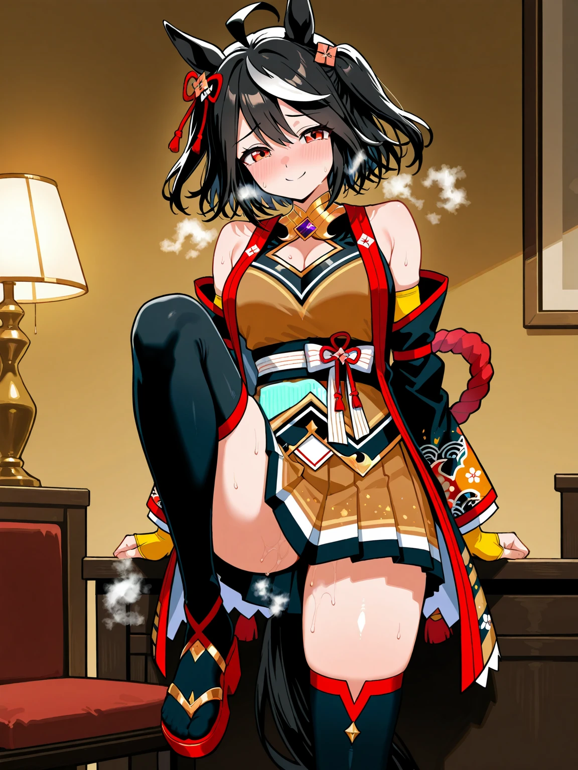 ((masterpiece,Highest quality)), Confused, Kitasan Black Horse Girl, Animal ears, short hair, Striped Hair, hair ornaments, Mid-chest, Horse tail, Wearing a maid outfit, alone, Laughing with your mouth open, Looking at the audience,,((Browsing Caution)), Squat, (((No fixes))), ((Sleep on your back, Raise your legs, Spread your legs, Grab your knees, vagina)), (Use both hands to spread your pussy completely:1.4), (Leg spread, Spread your legs),18-year-old,