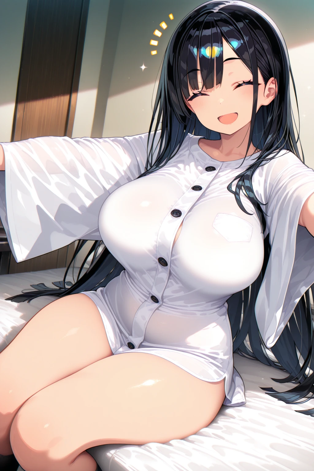 A woman with big ,Black long hair,twintails,Exquisite,Ribbon,White nightdress,Slim waist,Lace underwear,hip bone,blush,A cute daughter,living room,