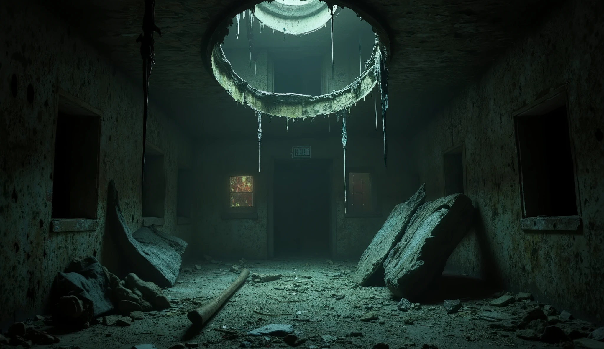 Abandoned asylum interior, decayed and eerie, horror movie style, flickering lights, unsettling ambiance.