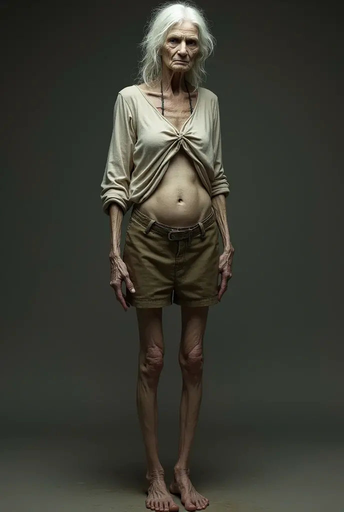AN OLD WOMAN, quite lean, with white hair, Waist slender, pele lisa usando um short curto mostrando as pernas finas e levantando a camisa mostrando a Waist slender, and the flat belly with some visible bones