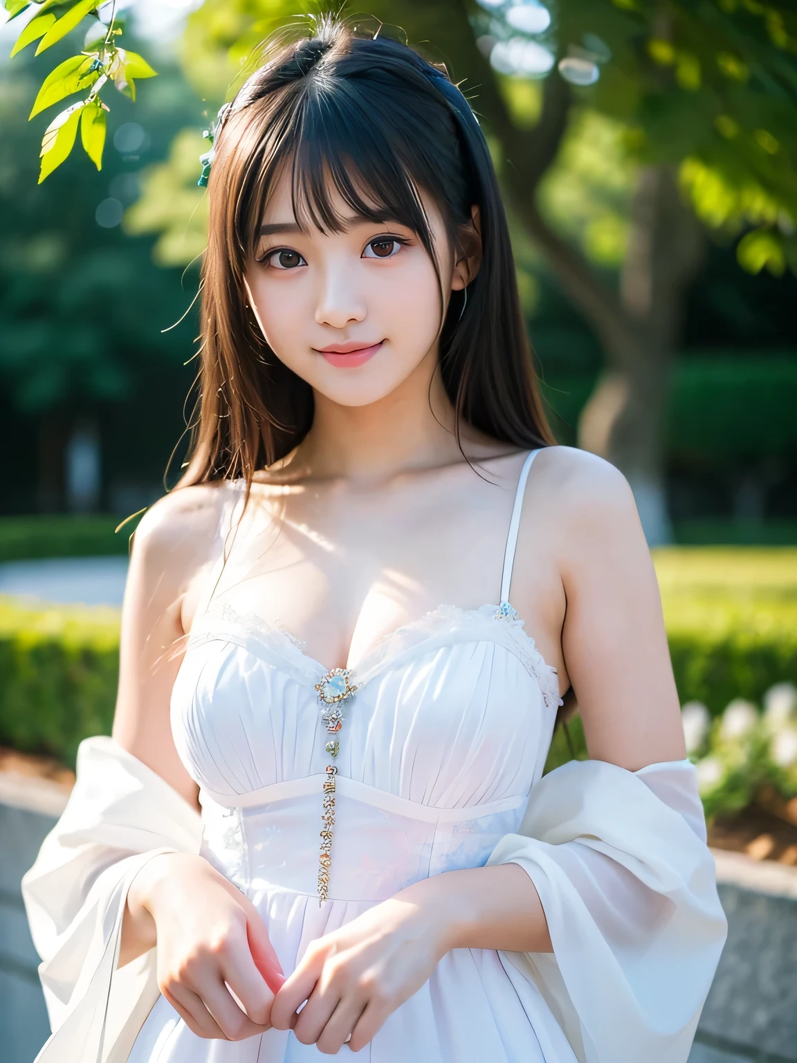 photo, photo realistic, masterpiece, best quality, fair skin, (finely detailed beautiful eyes:1.2),
1girl, solo, (20 years old), (japanese:1.3), gravure idol, (medium breasts),
((white:1.2) wedding dress:1.2),
closed mouth, (smiling:0.8), black hair, (gravure),
(sexy pose:1.2), looking at viewer, (cowboy shot), (front view), (taketomi:1.4),