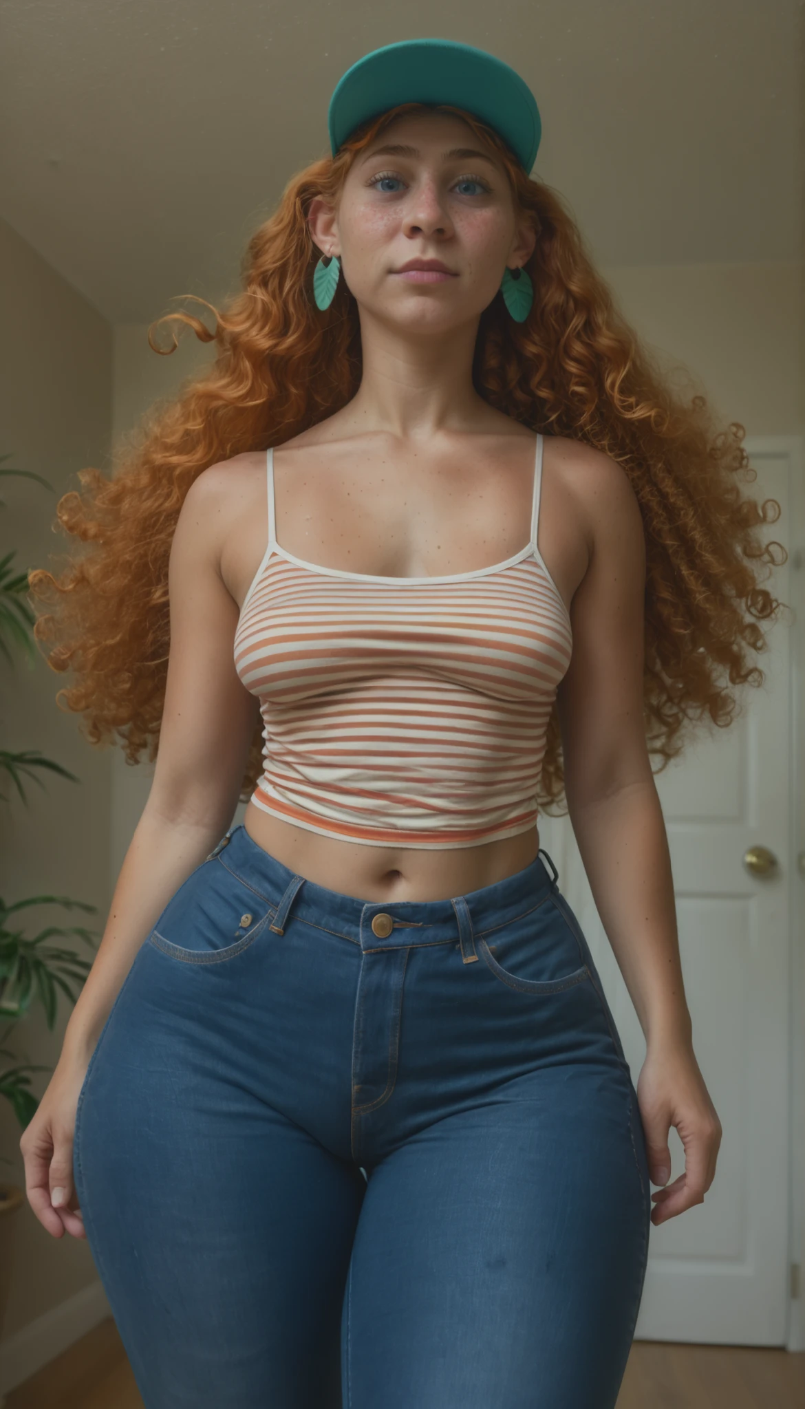 score_9,score_8_up,score_7_up BREAK KateSDXL,1girl,solo,long hair,hat,navel,jewelry,medium breasts,very long hair,blue eyes,thighs,earrings,midriff,hips,jeans,orange hair,striped camisole,thick thighs,black pants,curvy,wide hips,visor cap,curly hair,freckless,cowboy shot,room,room background,