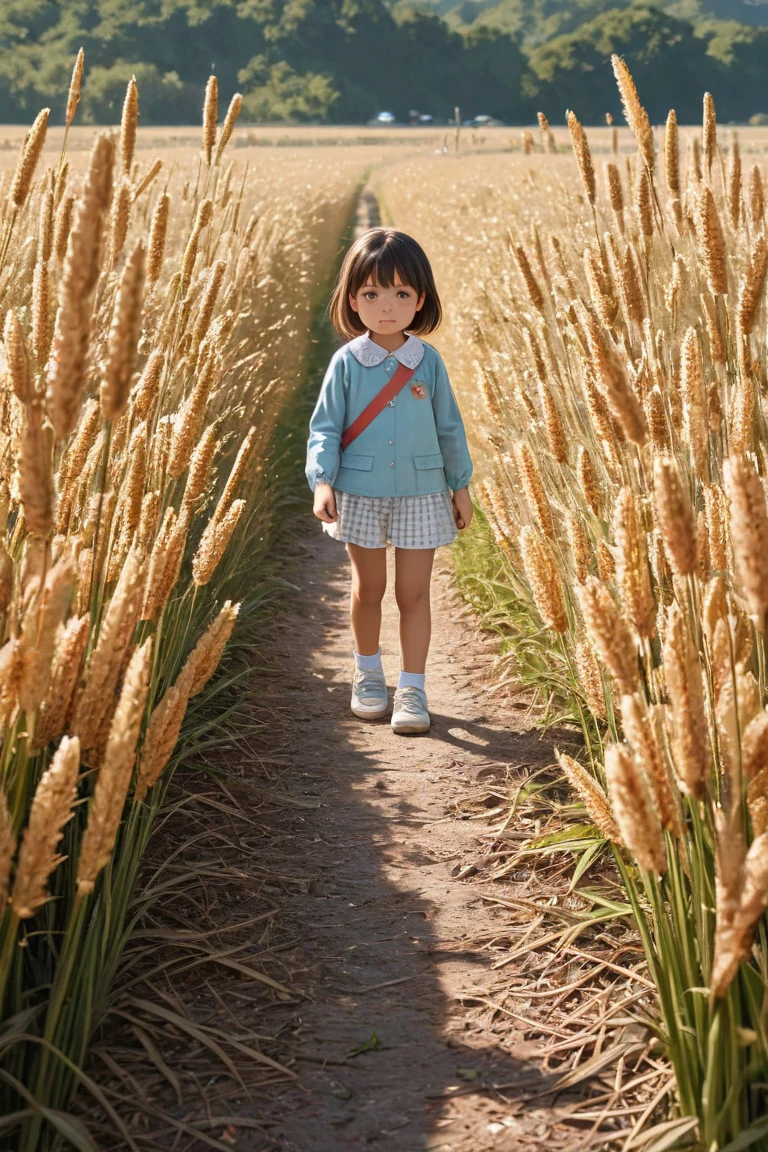 A child, holding a doll, stands on the grass