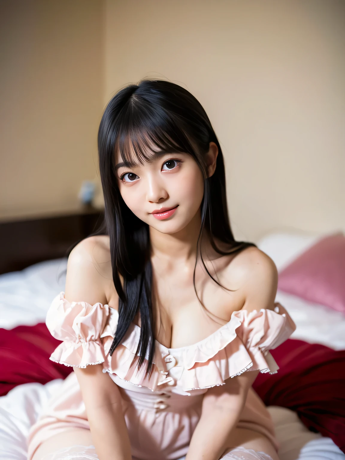 Best-quality, Masterpiece, Ultra-High-Resolution, (Photorealistic:1.4), Raw-Photo, perfect-anatomy, extremely-details, depth of field, professional-lighting, 1girl, 15-years-old, the most famous Japanese idol, at bed-room, ((wearing light-pink frilly mini-dress)), ((extremely cute face like the most popular Japanese idol, (((extremely cute and extremely big black-eyes))), extremely cute hairstyle, extremely beautiful hair, extremely cute long-eyelushes, extremely cute lips, extremely beautiful skins)), extremely childish body, extremely beautiful thighs, innocent-smile