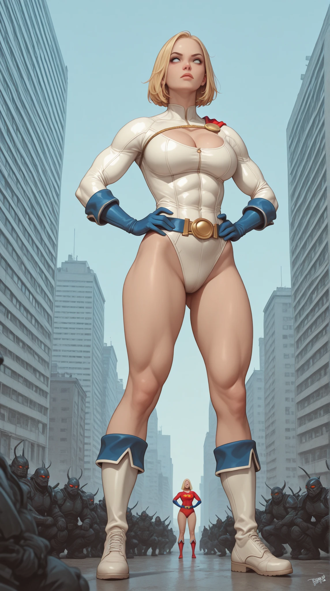 (Muscular:1.9), (thick thighs:1.9),
blonde female, (supergirl), (big smile:1.5), (blunt bangs), (ponytail:0.7),
earrings, lipstick, eyeshadow,
hard nipples, (flat chest:2.5),
(full body suit, blue bodysuit:1.6), (small cape:1.3),
looking at viewer, three quarter view, (upper body view:2),
(floating, in midair, sky and clouds background:1.3), rim lighting, two tone lighting, dim lighting, bokeh, detailed skin, detailed eyes