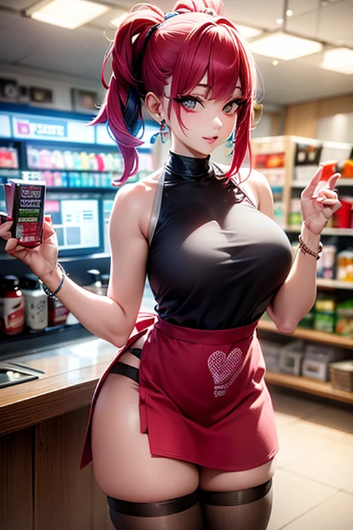 (masterpiece, highres, best quality:1.3), 8K, highly detailed, intricate, colorful, vibrant image, sharp focus, digital blending, 4K, trending on pixiv Ingrid, ((chef outfit, full clothes)), solo, mature female, 40yo, milf, curvy, (dark skinned female:1.15), dark skin, posing, kitchen, cooking, (caring look:1.2), looking at viewer, cowboy shot, pink hair, very long hair, forehead, hair intakes, purple lipstick, makeup, mole under mouth, yellow eyes, perfect eyes, perfect face, ultra detailed hair, ultra detailed face, earrings, ultra detailed lips, large breasts, ultra detailed lipstick, formal chef, vegetables, fruits,