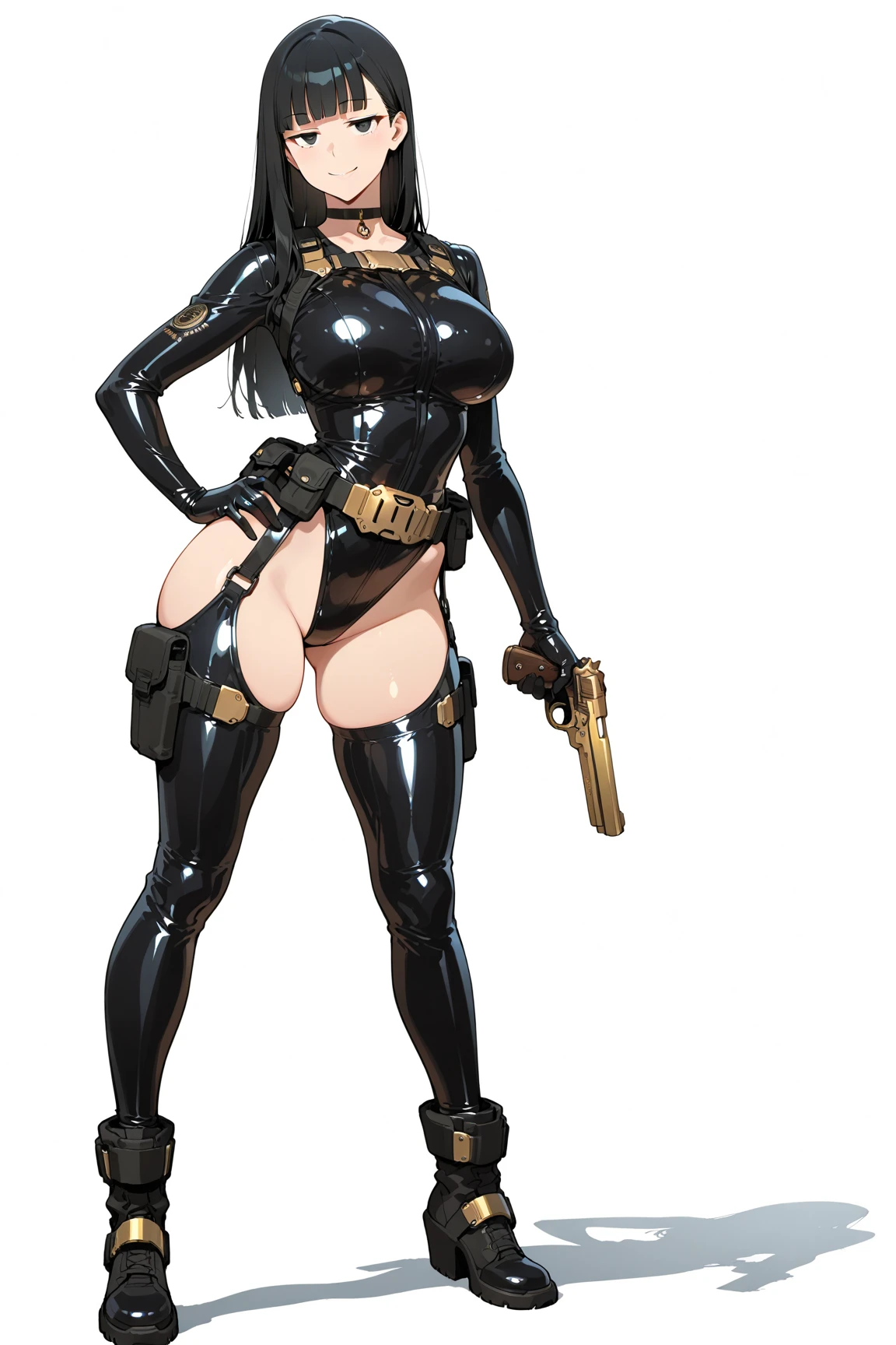 (Anime style), ((Mature Woman)), Female Policeman, Black Belt, Open Wear, Leather Jacket, Dark Brown Long Hair, Police Badge, Strap on Chest, Big Rifle, Gun, Dungeon Background, Thigh Height, Black Leather Boots, Provocative Pose, High Leg, High Leg Thong, Night, Naked Tits, Dressed Clothes, Boobs, Side Boobs, Cleavage, Police Uniform, Baseball Cap, headset, under, ((low leg laces)), (((skindentation)), panties pulled down, exposed, (shiny on), glossy all over the body, glossy all over the body, blurred background,