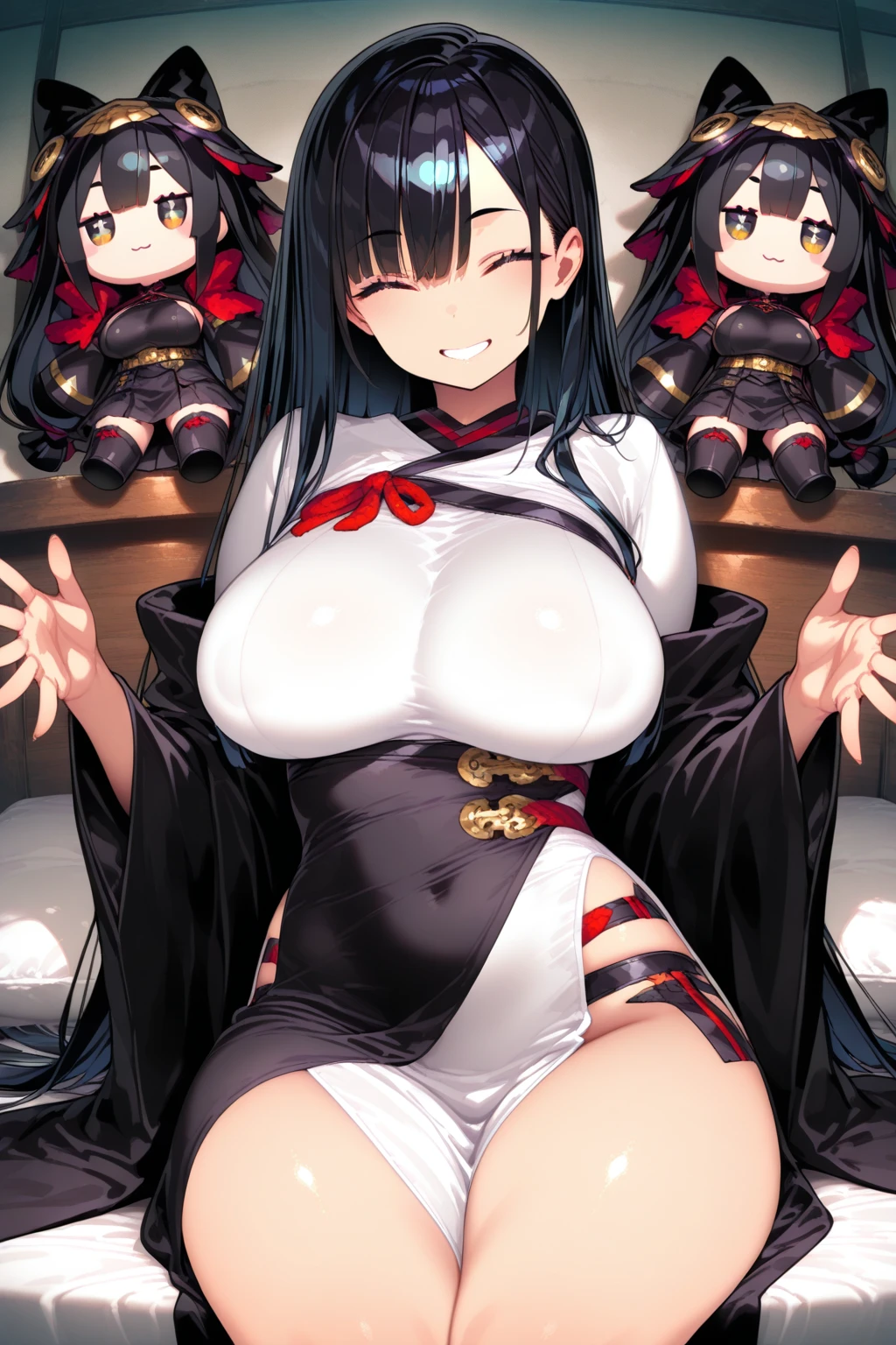 (brunette girl:1.2), (black kunoichi outfit:1.2), (huge tits:1.3), (high quality:1.2), (solo:1.2), (dual daggers:1.2)