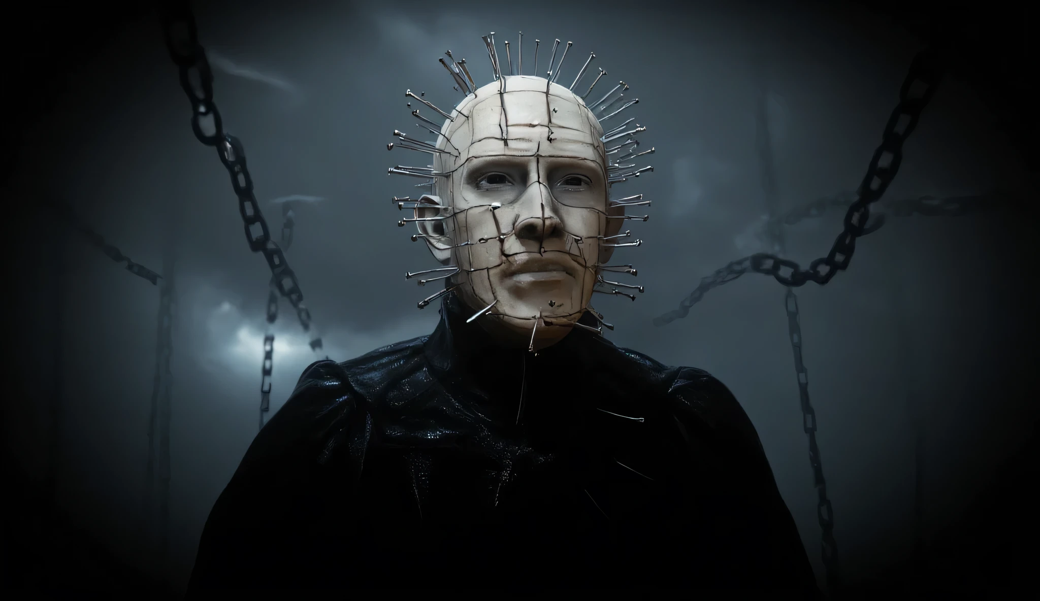 Hellraiser, Pinhead, portrait, dark room, large chains hanging from the ceiling in the background, foggy, darkness and fog background, surreal, high detail, masterpiece.