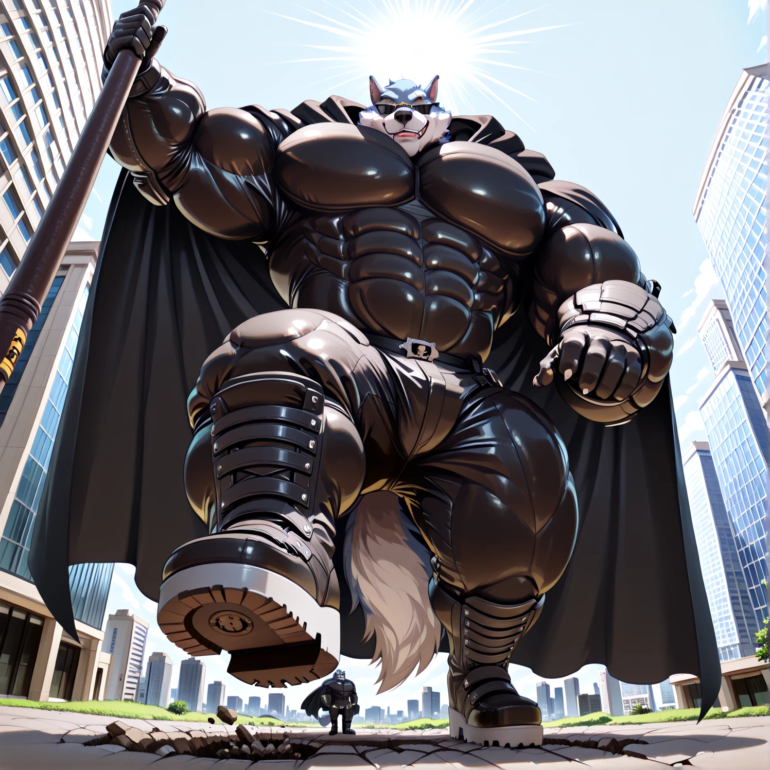 (masterpiece. official art. 8k. best quality. detailed full body. full body.)
(situation 1 : dominating LUCARIO. LUCARIO is over 1000 meters long. focus GIANT mechanical Muscular LUCARIO is trampling the city. Looking down. macro. stomp)
(situation 2 :smoke and flames rising from the destruction in the city)
(Additional details 1: Its nanosut emphasizes the muscles. wearing crNanosuit. nanosuit. creating crNanosuit. black visor. wearing a full-face helmet. hero in anime style.)
(Additional details 2: (Detailed head. Detailed Body. Detailed abs. gigantic muscles. HYPER MUSCLES. Gigachad Muscular. big muscle. pecs. triceps. traps. unusually developed muscular body. body full of huge muscles. showing off muscles. pectorales enormes. Exaggeratedly huge muscles. huge muscles. long legs.).
(Additional details 3: Spread wings. It has wings. have big wings. black wings. The claws are sharp. Sharp teeth.).
(Additional details 4: black color hyper penis. hyper black penis. big penis)