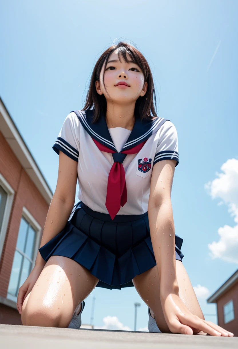 (best quality, 8k, highres, photorealistic:2.0), (solo, one girl:2.0),(lighting: strong),(lighting: front),(She screams as she climaxes intensely.:2.0),(very muscular girl:2.0),(bodybuilder girl:2.0),(oily skin:2.0),(black short hair:1.5),(Squat down on one knee and spread your legs apart.:1.5),(raise both arms behind your head:1.5),(wearing black loafers:1.5),(short sleeve school uniform),(very short white shirt),(blue sailor collar),(red neckerchief),(white socks),(blue skirt),(blue pleated mini skirt), (Wearing white panties),Photographed in front of the high school building