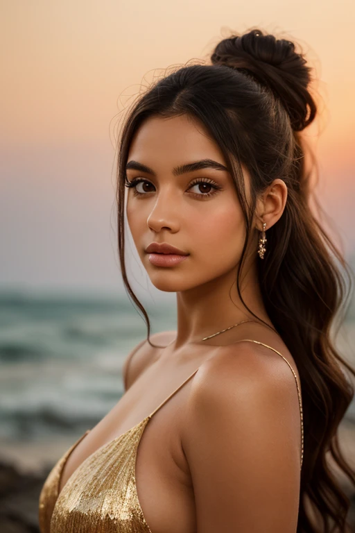 Hyperrealistic portrait of a 23-year-old young woman, with her Latin features clearly highlighted. Her caramel-toned skin emanates a subtle golden glow, which harmonizes with her large, expressive amber eyes framed by long black lashes. Cascading over her shoulders is voluminous hair, a rich chocolate hue, that catches the evening light effortlessly. Her straight nose and full, rosy lips, adorned with a natural shine, complete her captivating face. Located on a beach . Bathed in the soft, warm light of the golden hour, her crop top flutters gently in the light breeze, accentuating her presence in the scene. Precisely captured by a high-end DSLR equipped with an 85mm f/1.2 prime lens, the shallow depth of field artfully blurs the background while keeping the face and foreground sharp. The composition is meticulous, with the model slightly off-center to incorporate the historic architecture and clear blue sky. This image evokes a feeling of serenity and timeless beauty, with a color palette that complements the model's complexion and the urban environment. Every detail, from the reflection of light on the silver accessories to the texture of the linen dress to the pattern of shadows on her face, is rendered with exquisite precision.