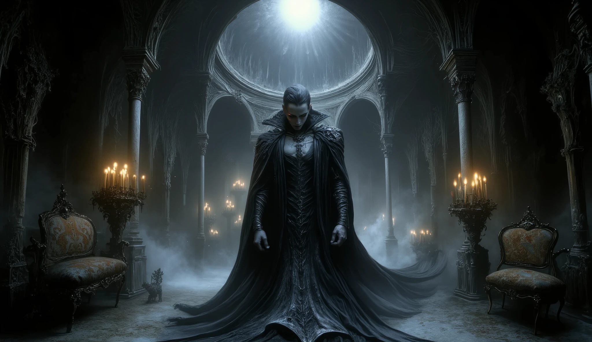 Vampire in a gothic castle, dark romance style, elegant yet menacing, candlelit ambiance.
