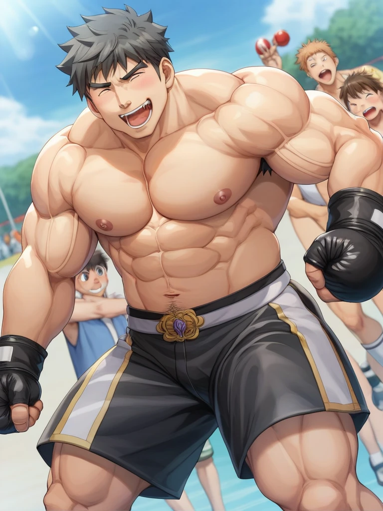 Ash Ketchum and from Pokémon and his long-lost twin brother flexing their biceps under hypnosis with glowing red eyes as they grow into big dumb sweaty hairy muscular football jock bros in a locker room. Hyper muscles. Massive muscles. Big biceps. Big triceps. Big traps. Broad shoulders. Big pecs. Bulging crotch. Hyper crotch bulge. Dumber and dumber. Blank stare with open mouth while saying, "I am a dumb jock.... I obey.... Dumber and dumber.... Yes, Coach.... Huhuhuhuh...." Slumped shoulders. Hypnosis. Brainwashing. Bigger and dumber jock bros. Assimilation. Transformation into big dumb muscular jock bros. Slumped shoulders. Massive crotch bulge. Bulging glutes. Thick stubble. Hairy armpits. Repeating triggers to be dumber and dumber each time they say them to think and focus only on growing muscle and being the perfect football jocks.