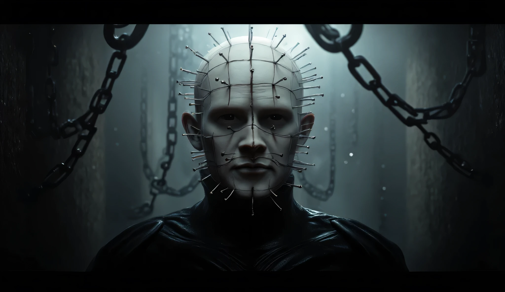 Hellraiser, Pinhead, portrait, dark room, large chains hanging from the ceiling in the background, foggy, darkness and fog background, surreal, high detail, masterpiece.