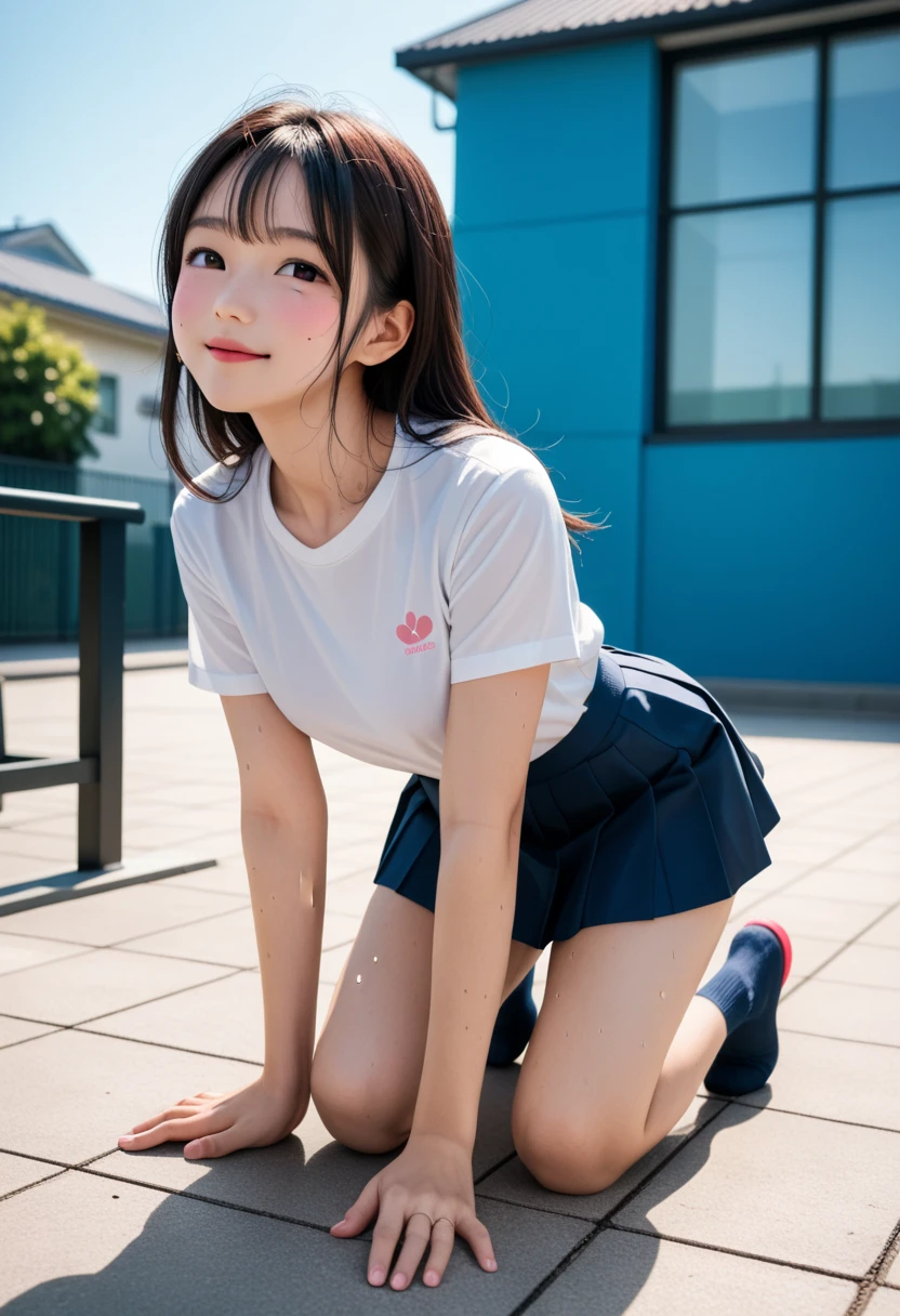 cute japanese girl,smile,mini skirt,crawl on all fours,masterpiece, best quality, ultra high res, (photo realistic:1.4), 1girl, munechira, loose t-shirts, leaning forward, nipples, from above, looking away, fullbody shot,