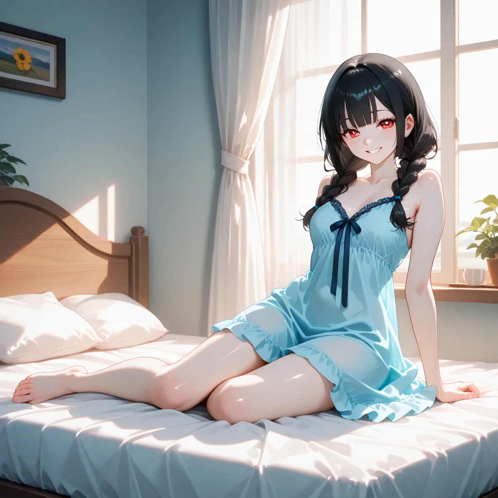 Girl, cute, adorable, from chest to head, smile, straight hair, long hair, black hair, sitting on the bed,
(wariza:1.2),
(V arms:1.2), looking at the camera, bedroom, night, negligee