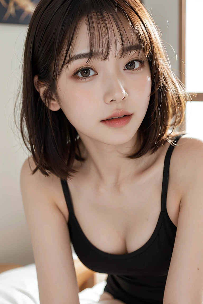 masterpiece、masterpiece、One girl per photo、(Face close-up、Cowboy Shot)、Front view from the front、Japanese、Very young and beautiful woman、(The cutest girl in the world)、24-years-old、Makes your face smaller、Small breasts、Cleavage、Wearing a cute black maid outfit made of short sleeve silk satin、Very elaborate costumes、Smiling at the cafe、Black ribbon headdress、Scrunchie、Black choker、Attractive appearance、Super cute face、Glossy Lips、Double eyelids on both eyes、very short hair 、Long eyelashes、Shiny and smooth light brown hair、Short Twin Tails、Asymmetrical bangs、Center image、8K resolution、Advanced Details、Detailed hairstyle、Detailed face、Great cinema lighting、Octane Rendering、Ultra-realistic、Perfect limbs、Perfect Anatomy、Gravure pose、(embarrassed、blush、open clothes、cleavage)、((High angle、belly button、Beautiful clavicle、Put your hands up、Armpits、Open your mouth a little、Close ~ eyes、Look up))、Selfie、freckles、Round Glasses、undressing、changing clothes、erect nipples