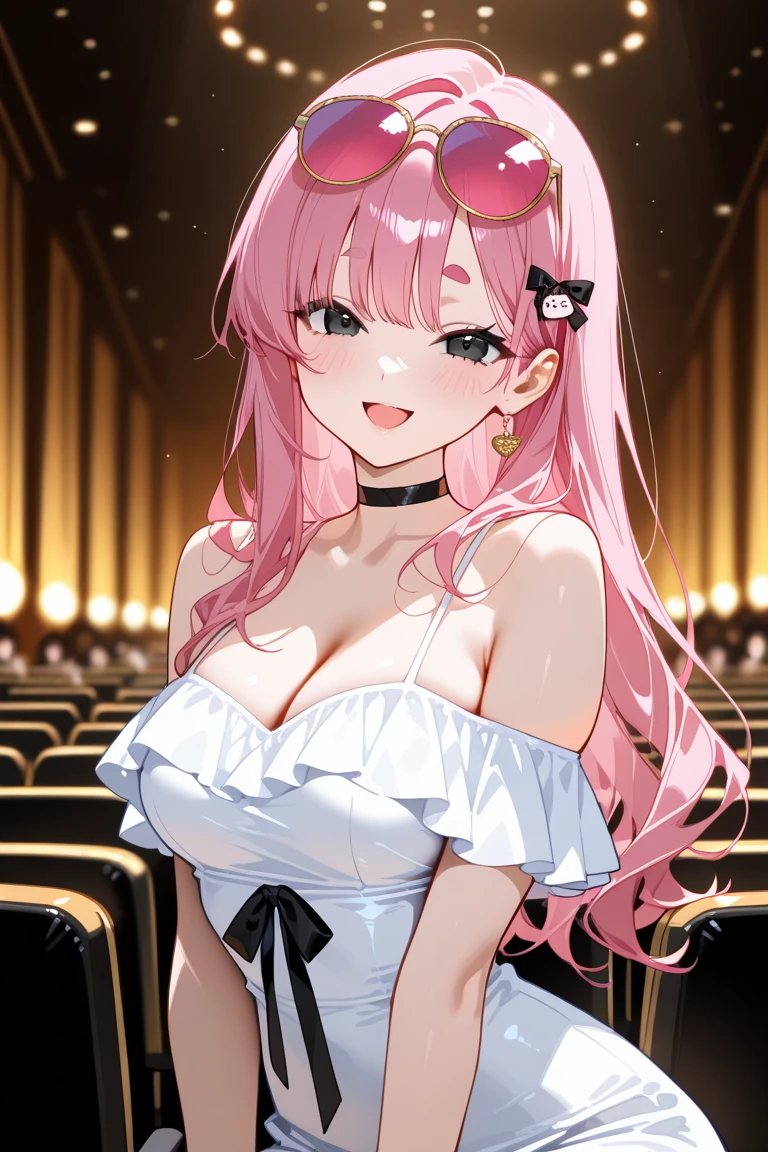 ((A beautiful, light yellow tight dress)), Lace that covers the chest,the most beautiful woman in the world,best style,half up hair,pink hair,pink eyes,(shy smile),big breasts,(luxury cabaret),makeup,Forehead exposed,bracelet,earrings,look up