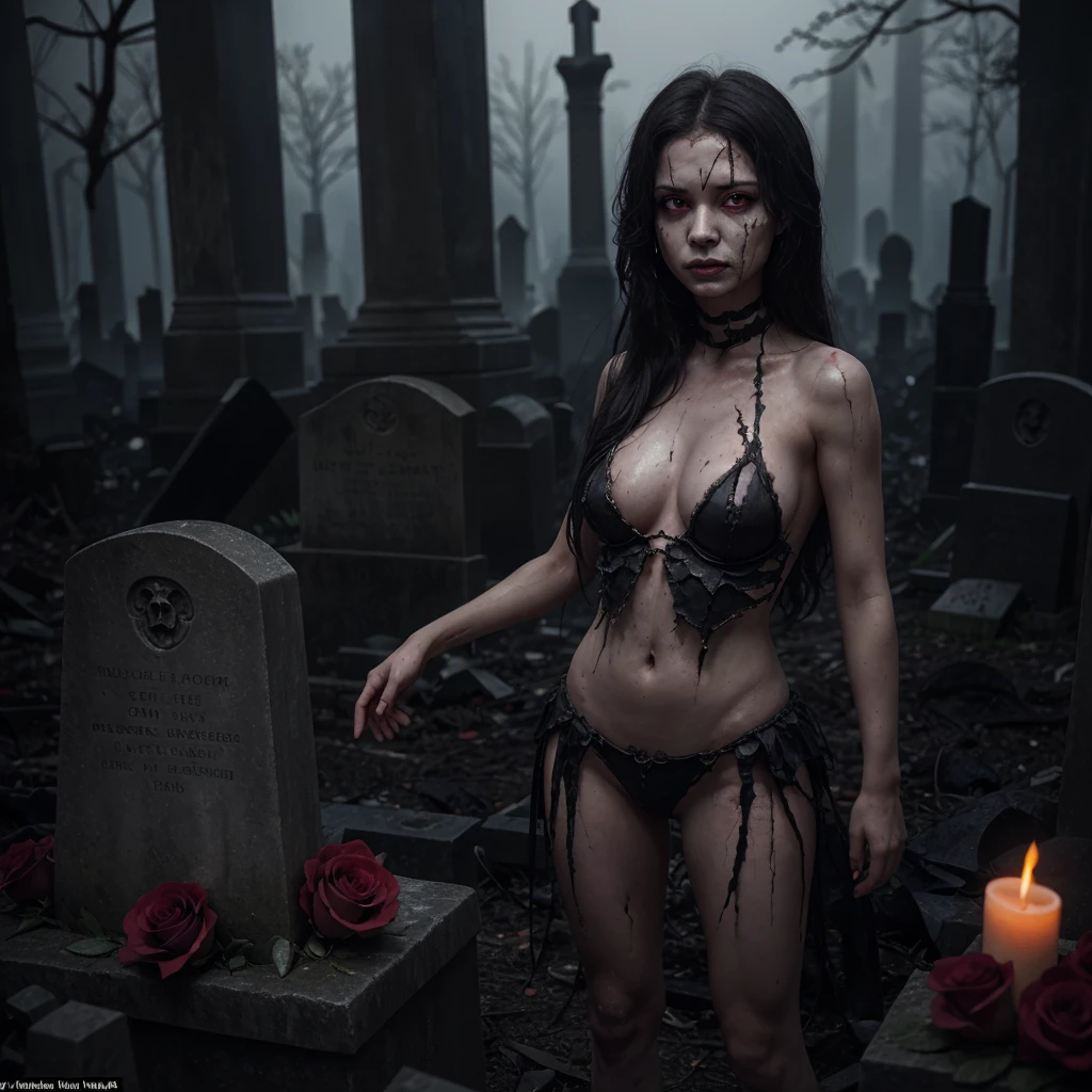 In a graveyard in front of a tombstone, a decomposing beautiful nude woman crawls out of the grave, Crawling towards the viewer. A spectral being draped in flowing iridescent mists. Zombie bride, round breasts,nipples,; lightning,thunder storm, fog, full blood moon,; comic art style, dramatic lighting, moody, angry stare towards viewer, arching her back, raising her butt