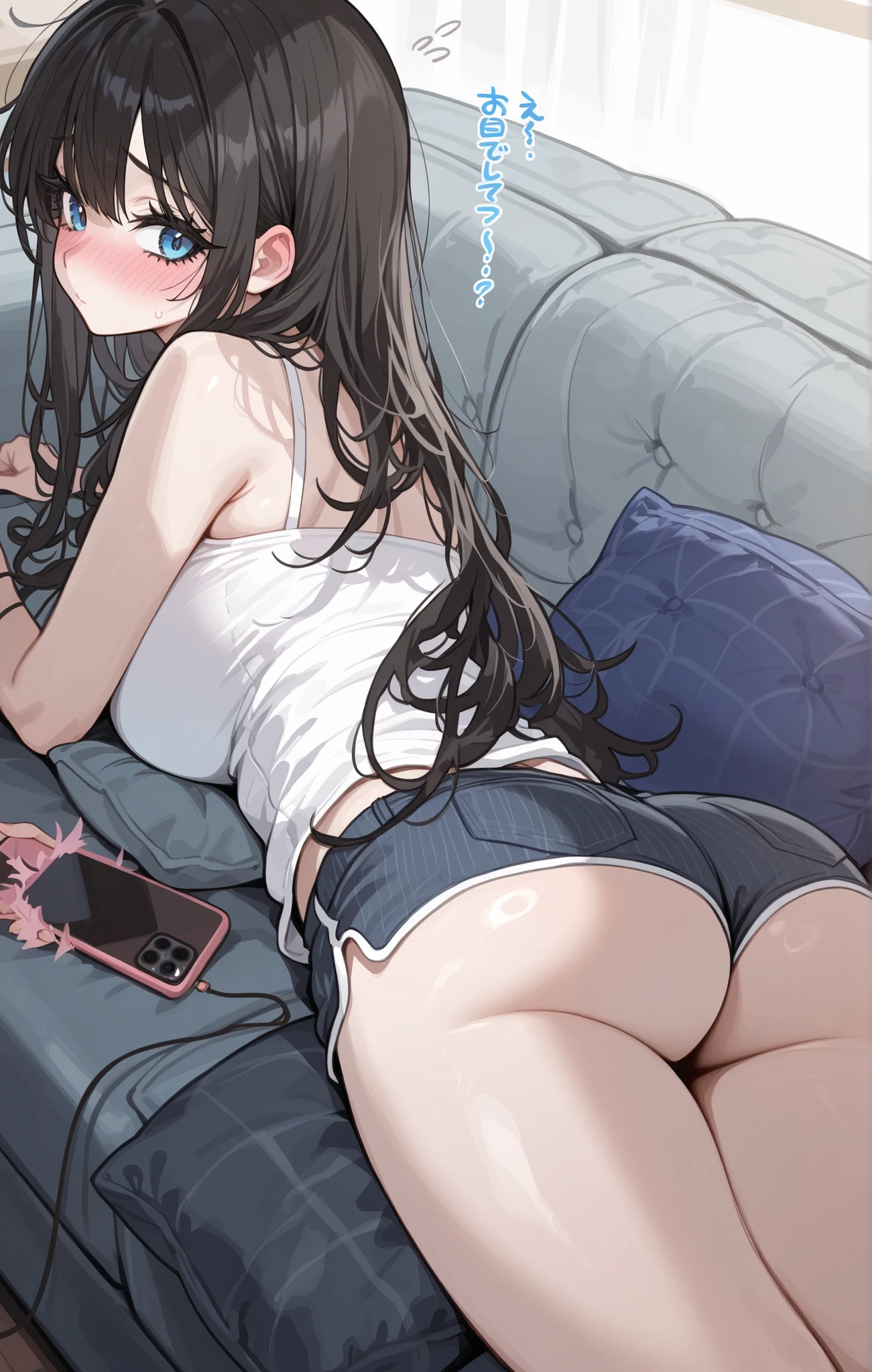 One Woman、beautiful girl、futonに寝転がる、Girls Room、Fancy Room、In underwear、operating a smartphone、In underwearで、beautiful girl, Highest quality, Thick thighs、Big 、Big Ass、Black Hair、Long Hair、Rumbling、futon、Sleepy face