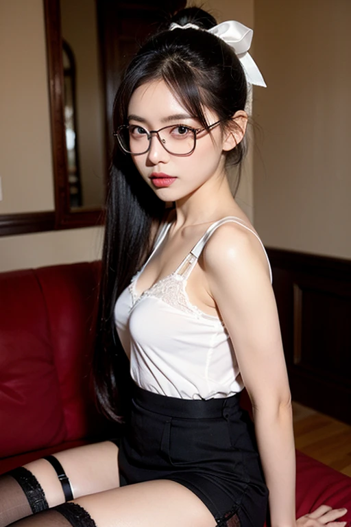 nsfw,all fours,((shibari))),(((fully tied up))),restrained,((top quality, 8k, masterpiece: 1.3))), crisp focus: 1.2, beautiful woman with perfect figure: 1.4, selfish body: 1.2, ((layer cut, big: 1.2)), wet body: 1.5, highly detailed face and skin texture, detailed eyes, double eyelids, Long hair, BDSM, slave, black corset, bondage, collar, from below, angry, leather panties, wearing glasses